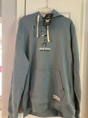 Life Is Good Men's Iron Man Pullover Hoodie - Dusty Blue with Cream Drawstrings